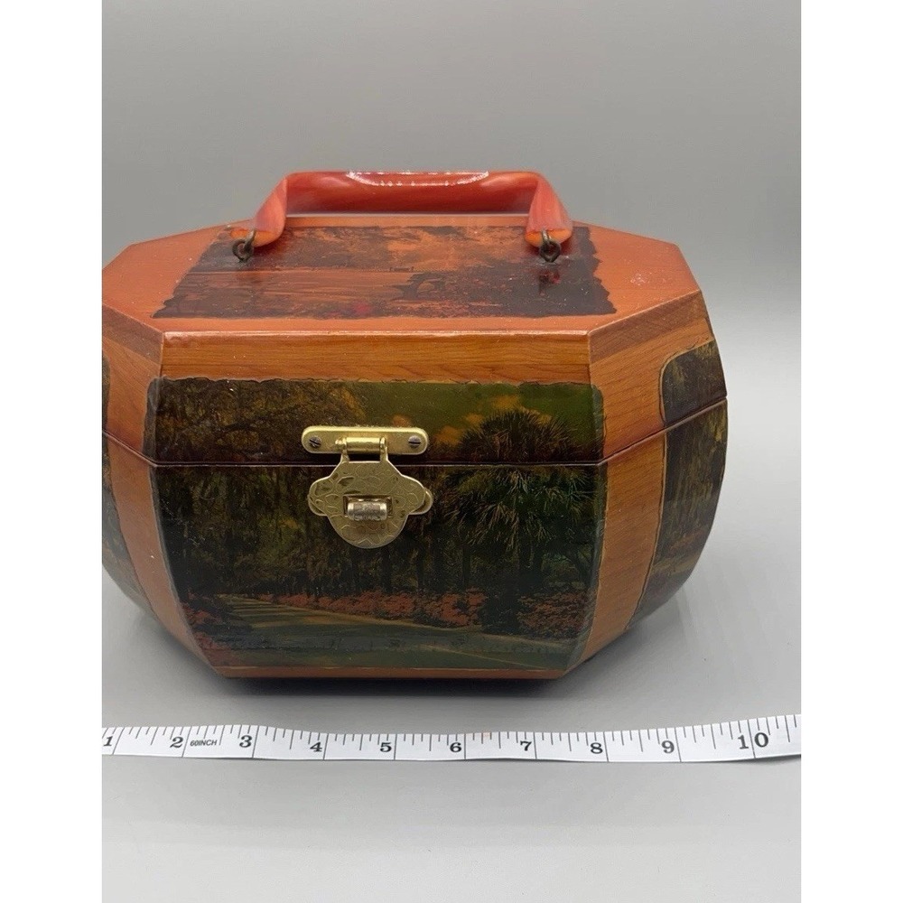 Vtg Wooden Octagon Purse Decoupage Forsyth Park Savannah Lacquered Lucite Handle - Picture 7 of 15